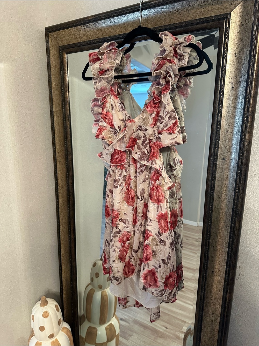Nasty Gal Cream Dress with Pink Red Floral Print - Ruffle High-Low